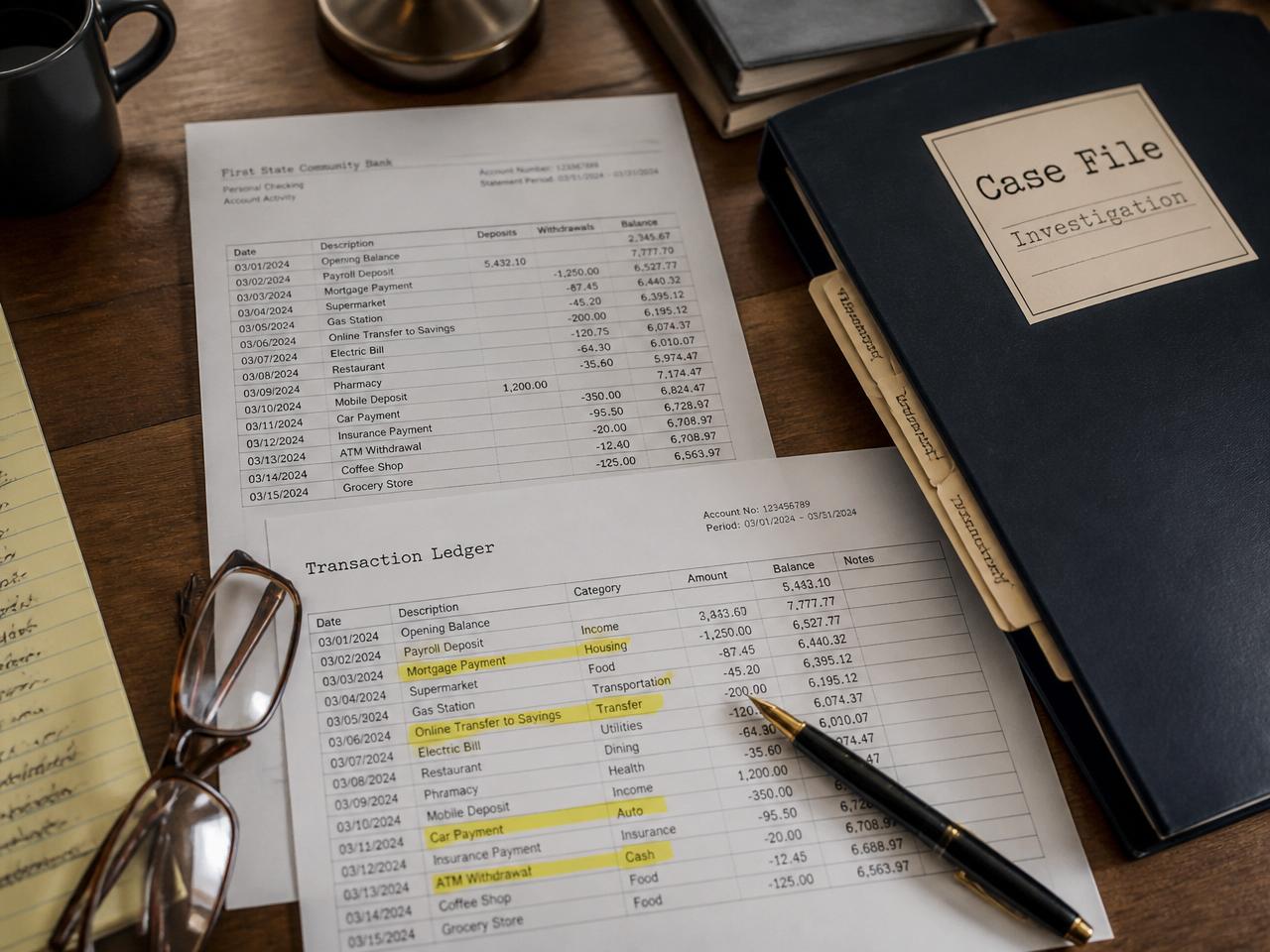 Investigator reviewing bank statements and a marked-up transaction ledger inside a case file
